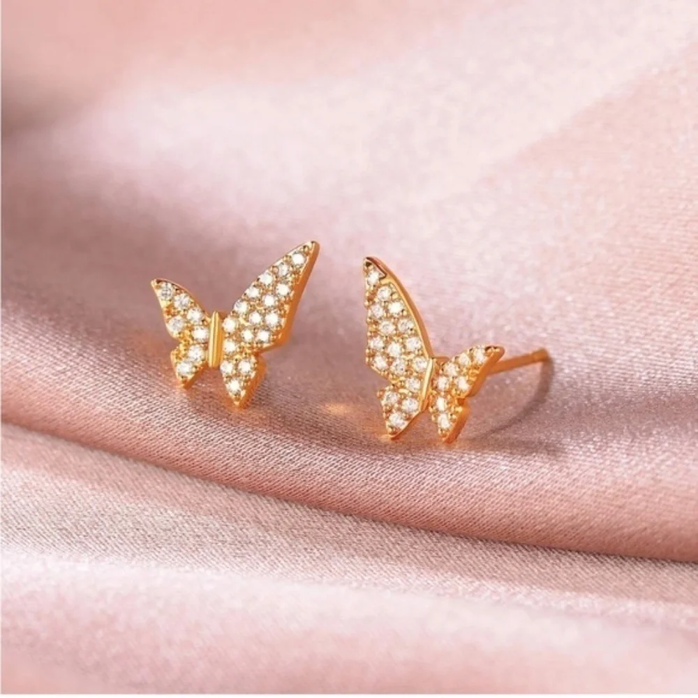GOLD 14k Gold Plated Cubic Zirconia Butterfly Stud Earrings